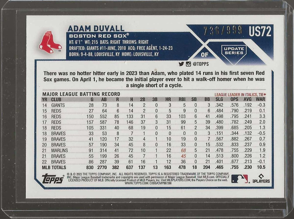 2023 Topps Update #US72 Adam Duvall Blue Foil #/999