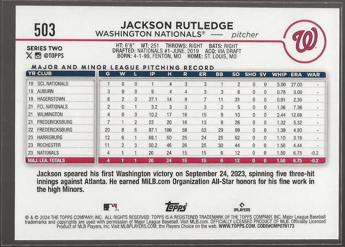 2024 Topps #503 Jackson Rutledge