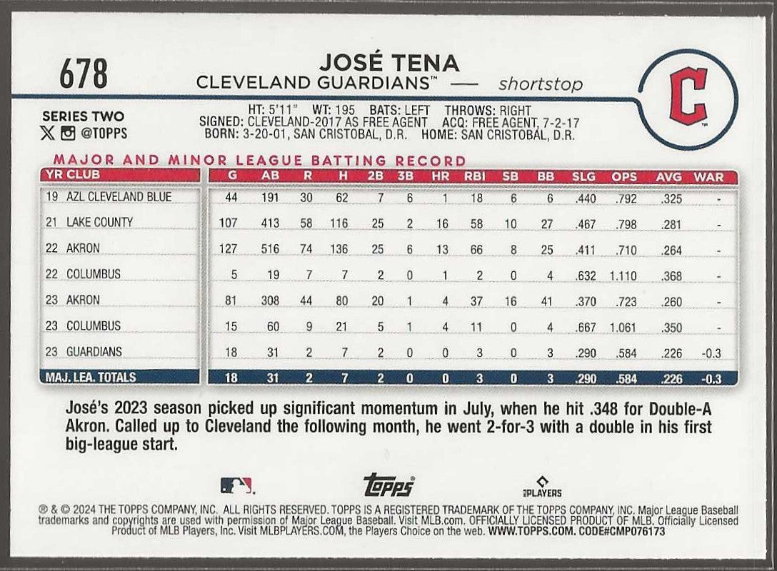 2024 Topps #678 José Tena