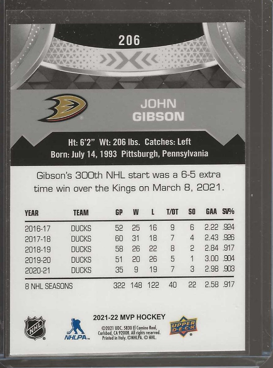 2021-22 Upper Deck MVP #206 John Gibson Silver Script