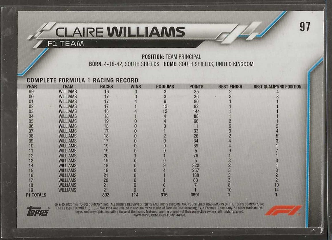 2020 Topps Chrome Formula 1 #97 Claire Williams