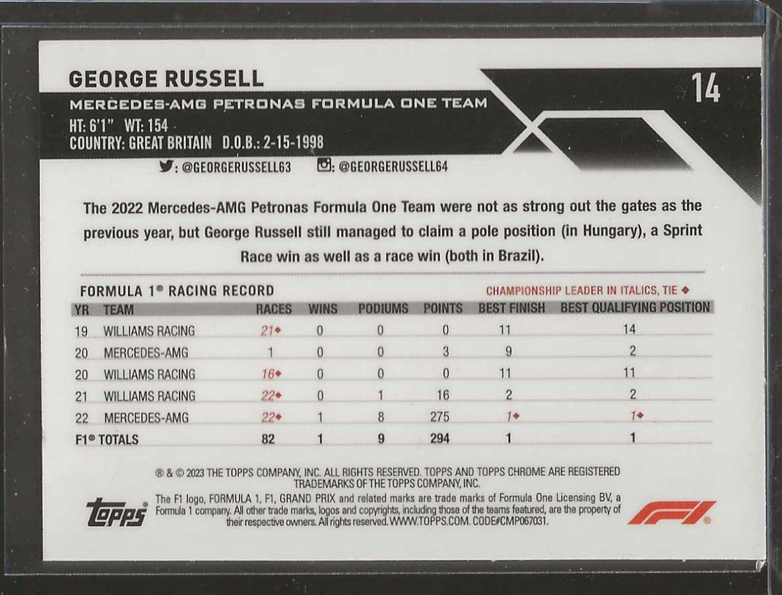 2023 Topps Chrome Formula 1 #14 George Russell Purple Checker Flag X-fractor