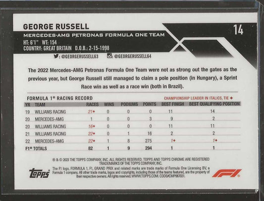 2023 Topps Chrome Formula 1 #14 George Russell Purple Checker Flag X - fractor - ChronicCards