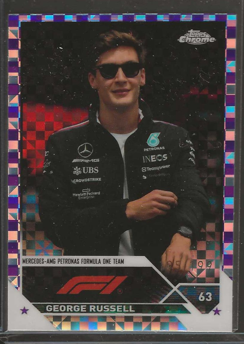 2023 Topps Chrome Formula 1 #14 George Russell Purple Checker Flag X-fractor