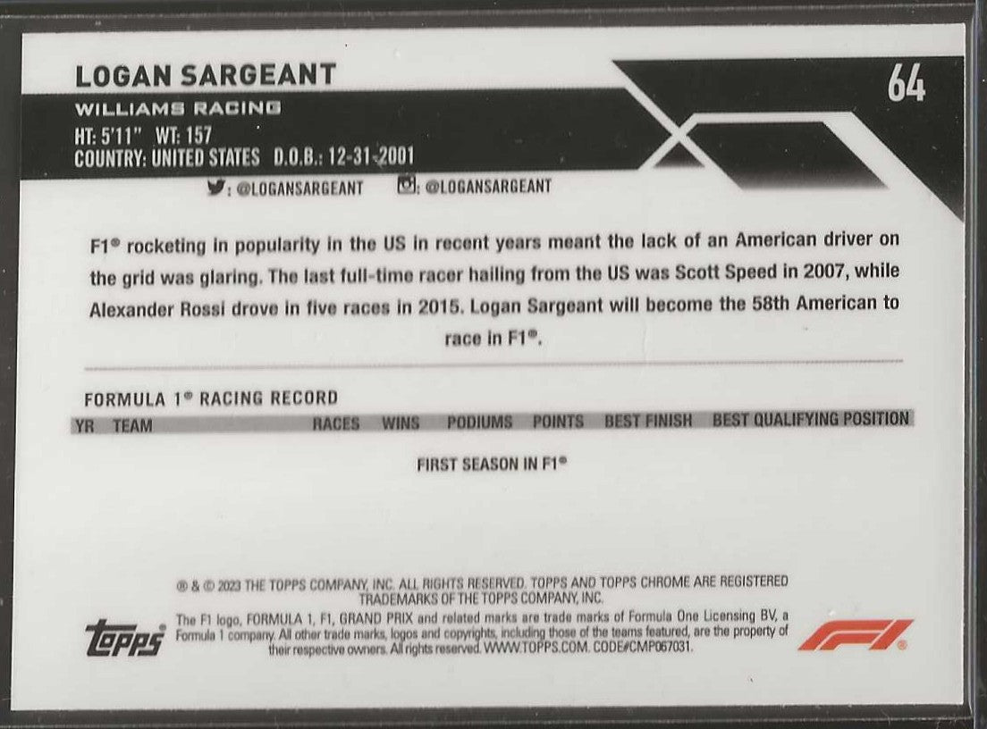 2023 Topps Chrome Formula 1 #64 Logan Sargeant