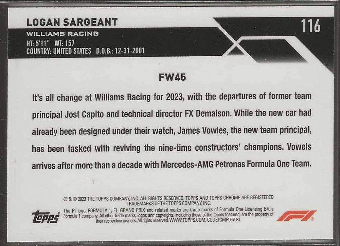 2023 Topps Chrome Formula 1 #116 Logan Sargeant