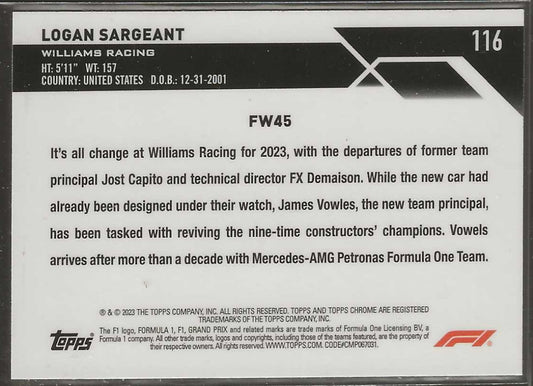 2023 Topps Chrome Formula 1 #116 Logan Sargeant - ChronicCards