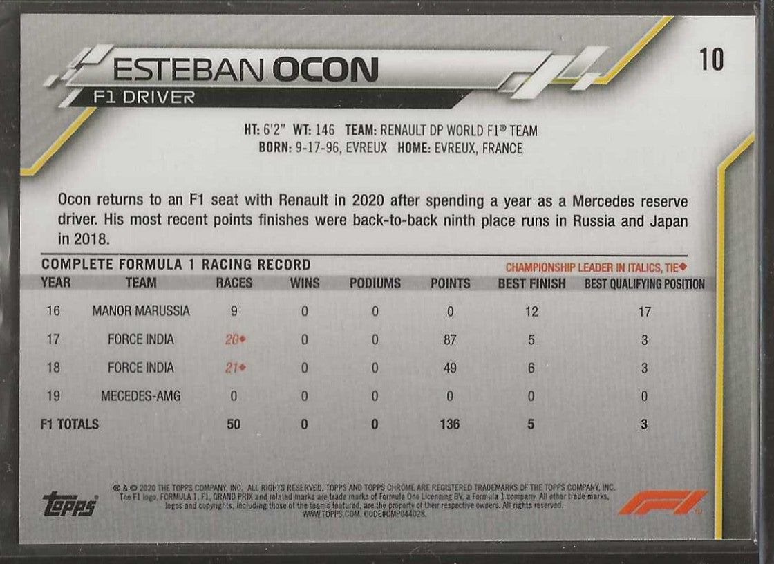 2020 Topps Chrome Formula 1 #10 Esteban Ocon