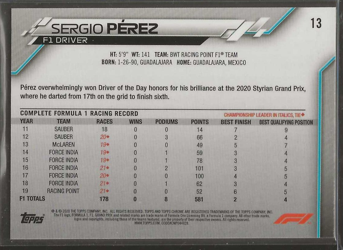 2020 Topps Chrome Formula 1 #13 Sergio Pérez