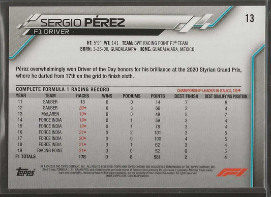2020 Topps Chrome Formula 1 #13 Sergio Pérez - ChronicCards