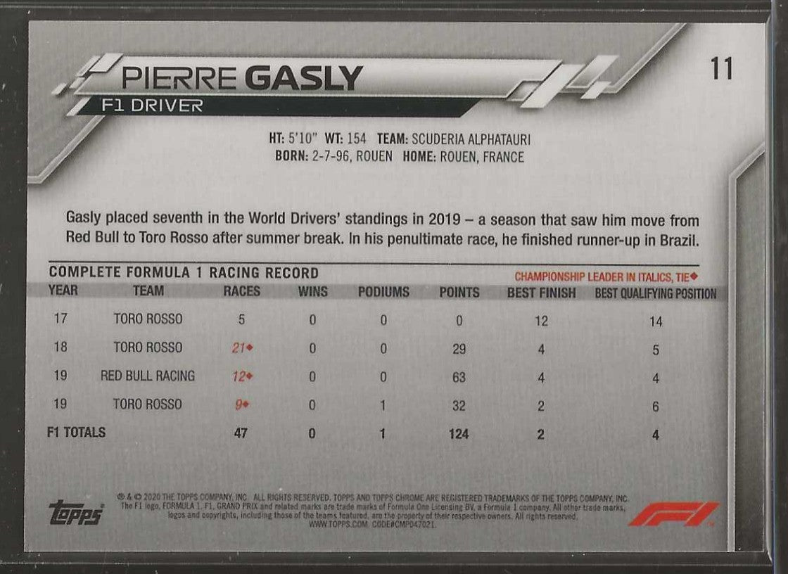 2020 Topps Chrome Sapphire Edition Formula 1 #11a Pierre Gasly