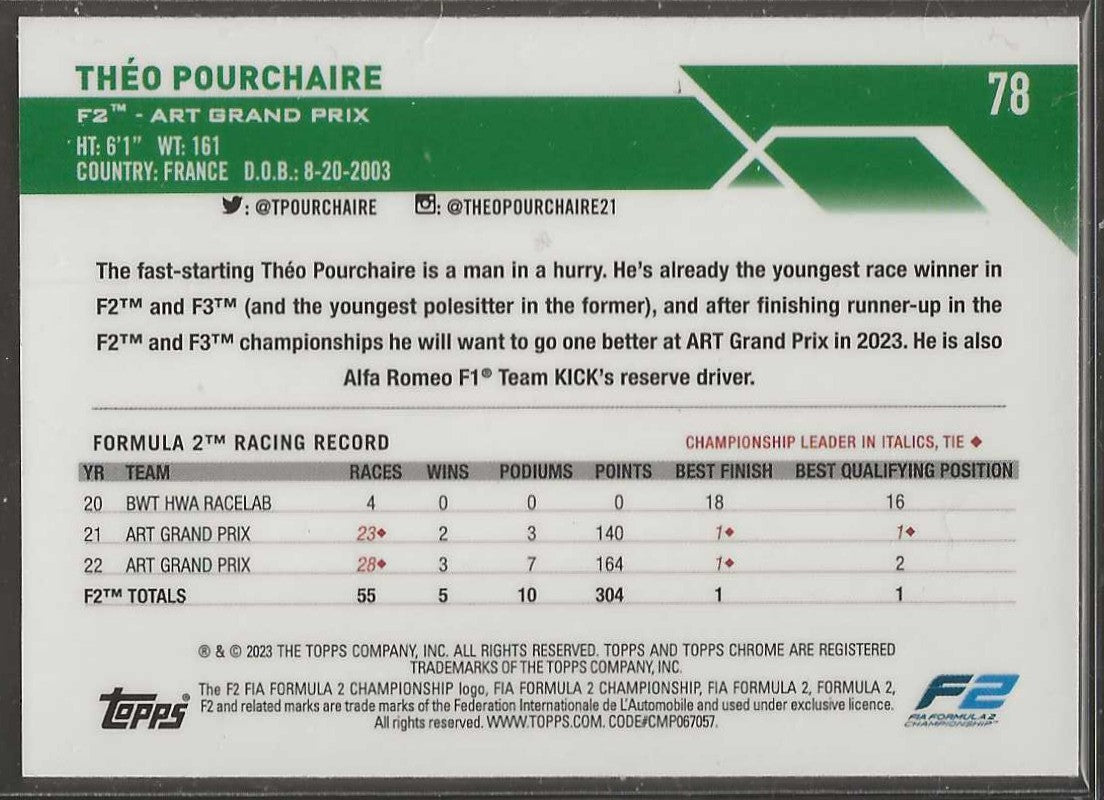 2023 Topps Chrome Formula 1 #78 Théo Pourchaire Checker Flag X-fractor