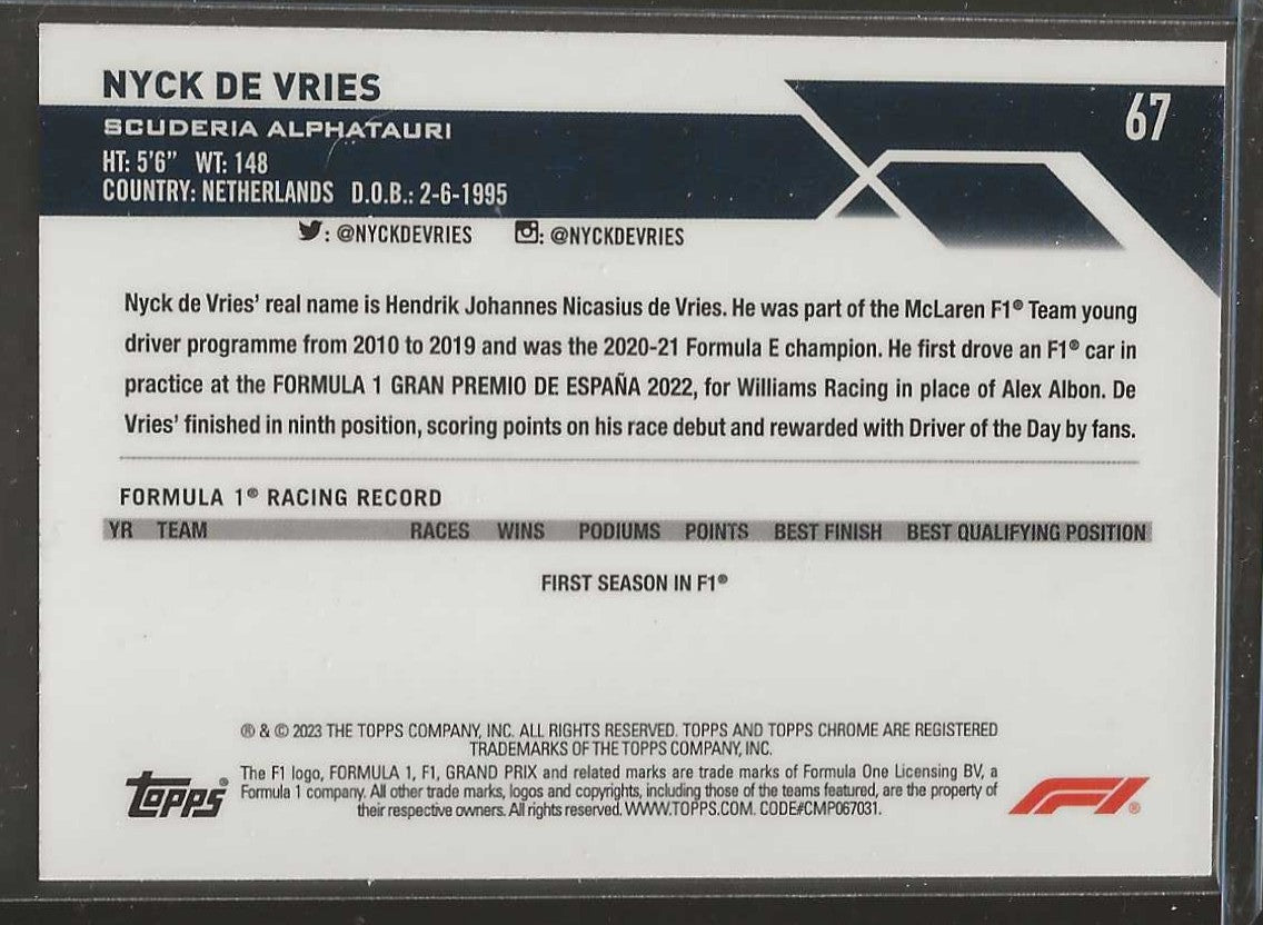 2023 Topps Chrome Formula 1 #67 Nyck De Vries