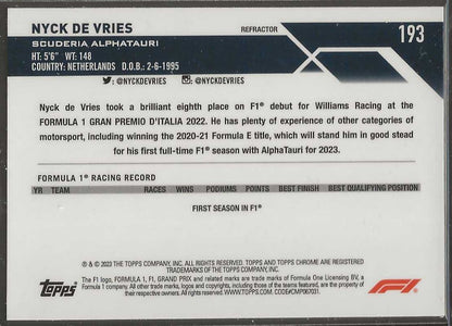 2023 Topps Chrome Formula 1 #193 Nyck De Vries Refractor - ChronicCards