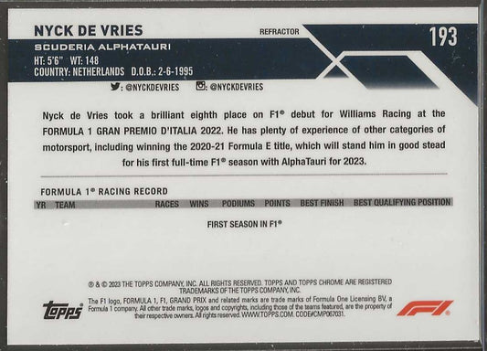 2023 Topps Chrome Formula 1 #193 Nyck De Vries Refractor - ChronicCards