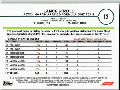 2024 Topps Chrome Formula 1 #12 Lance Stroll - ChronicCards