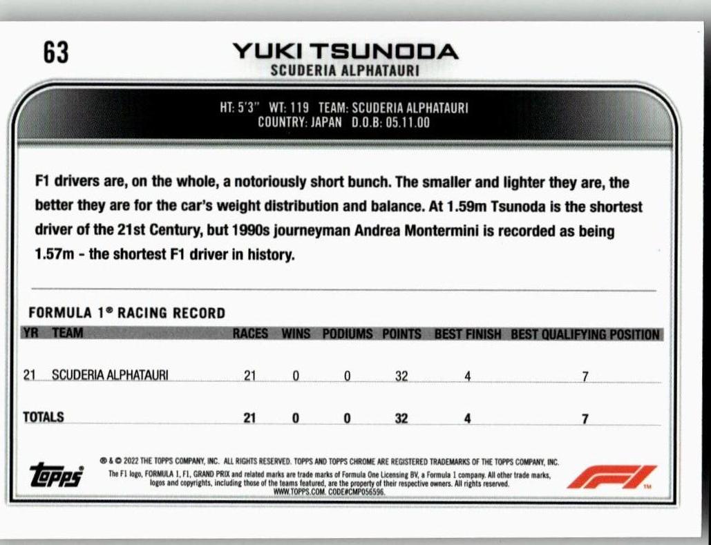 2022 Topps Chrome Formula 1 #63 Yuki Tsunoda - ChronicCards