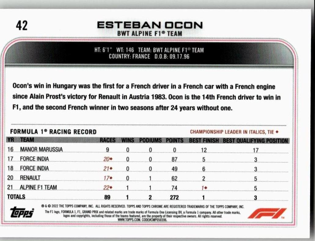 2022 Topps Chrome Formula 1 #42a Esteban Ocon - ChronicCards