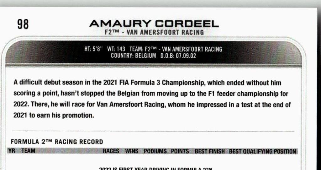 2022 Topps Formula 1 #98 Amaury Cordeel - ChronicCards