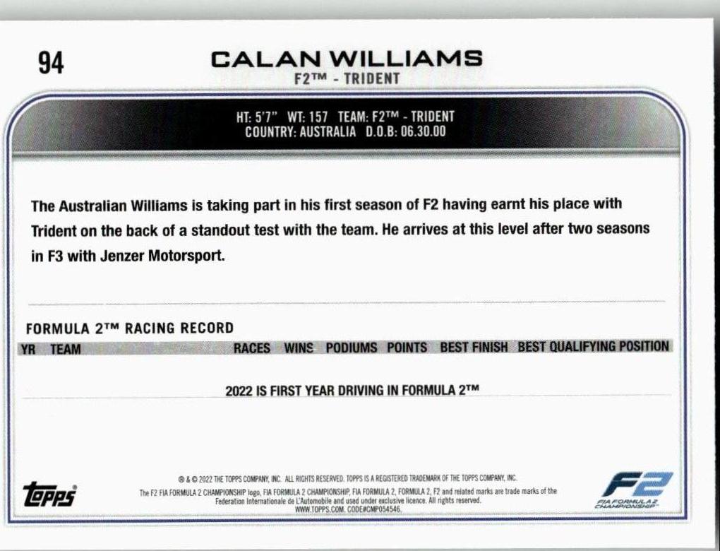 2022 Topps Formula 1 #94 Calan Williams - ChronicCards
