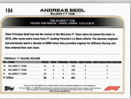 2022 Topps Formula 1 #104 Andreas Seidl Checker Flag - ChronicCards
