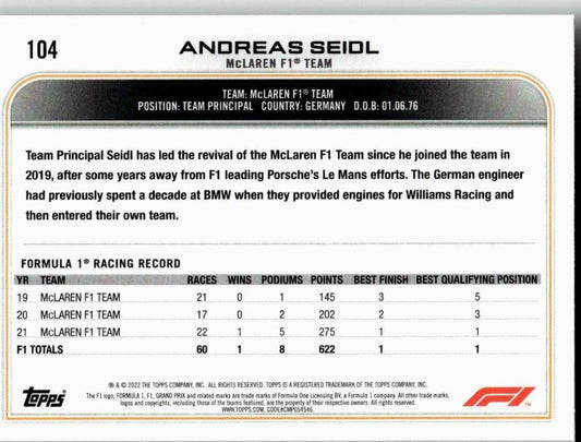 2022 Topps Formula 1 #104 Andreas Seidl - ChronicCards