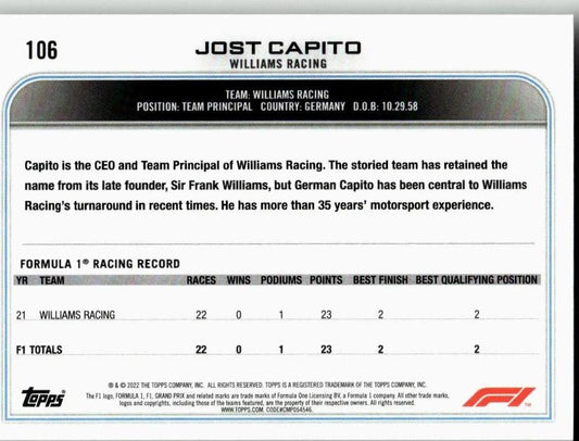 2022 Topps Formula 1 #106 Jost Capito - ChronicCards