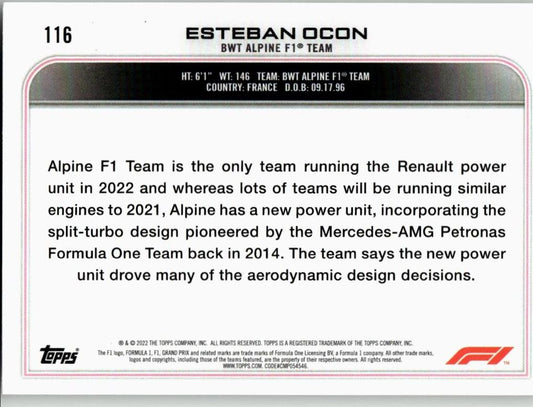 2022 Topps Formula 1 #116 Esteban Ocon - ChronicCards