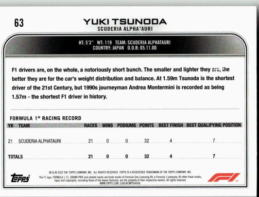 2022 Topps Formula 1 #63 Yuki Tsunoda - ChronicCards