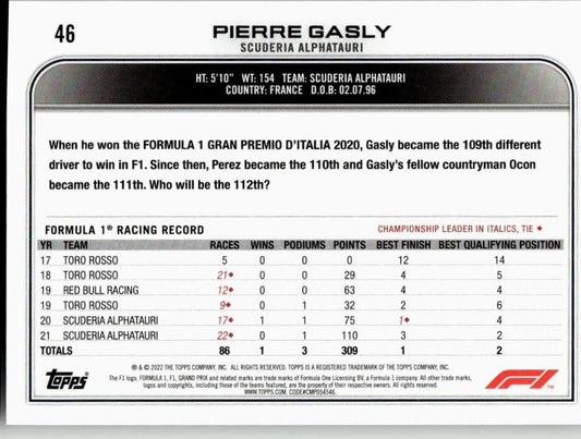 2022 Topps Formula 1 #46 Pierre Gasly - ChronicCards