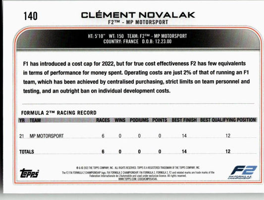 2022 Topps Formula 1 #140 Clément Novalak - ChronicCards