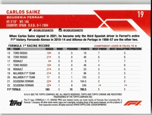 2023 Topps Chrome Formula 1 #19 Carlos Sainz - ChronicCards