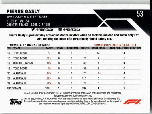 2023 Topps Chrome Formula 1 #53 Pierre Gasly - ChronicCards