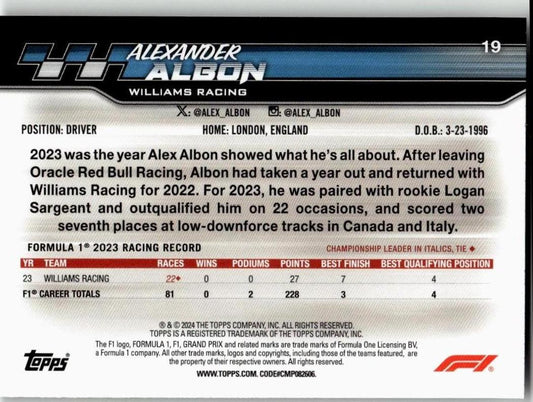 2024 Topps Paddock Pass Formula 1 #19b Alexander Albon - ChronicCards