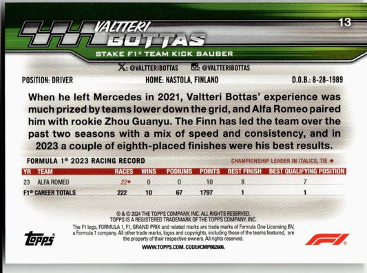2024 Topps Paddock Pass Formula 1 #13a Valtteri Bottas - ChronicCards