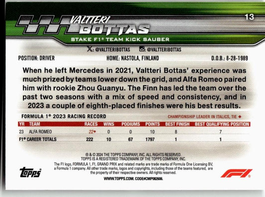 2024 Topps Paddock Pass Formula 1 #13b Valtteri Bottas - ChronicCards