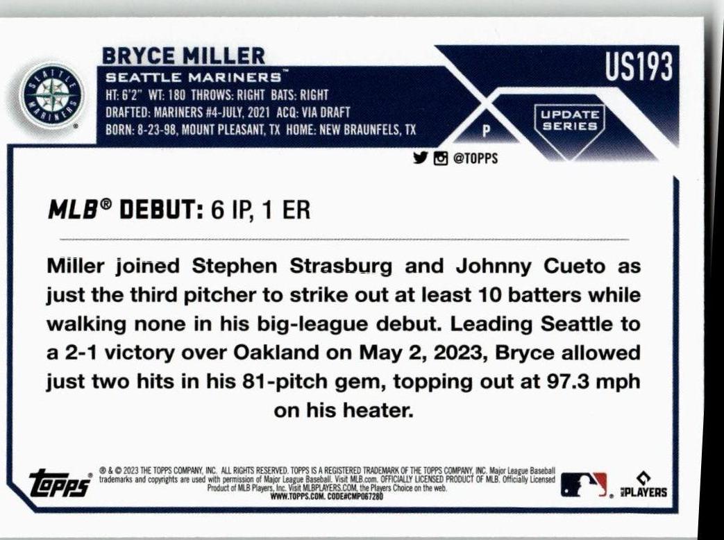 2023 Topps Update #US193 Bryce Miller - ChronicCards