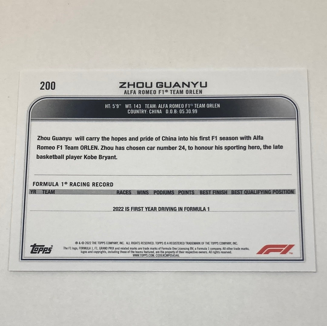 2022 Topps Zhou Guanyu #200 F1 Rookie Card