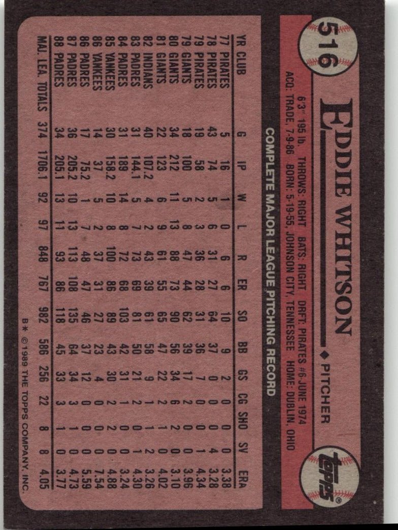 1989 Topps 516 Eddie Whitson - ChronicCards
