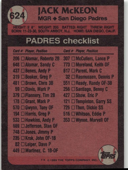 1989 Topps 624 Jack McKeon - ChronicCards