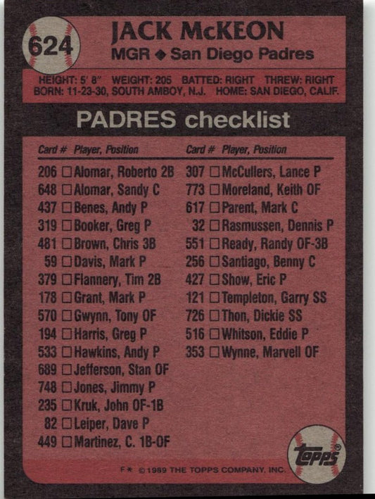 1989 Topps 624 Jack McKeon - ChronicCards