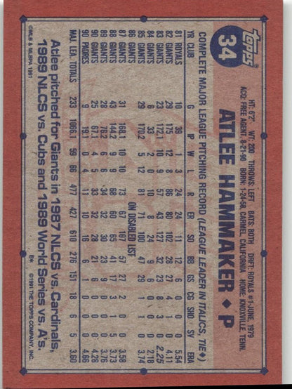1991 Topps 34 Atlee Hammaker - ChronicCards