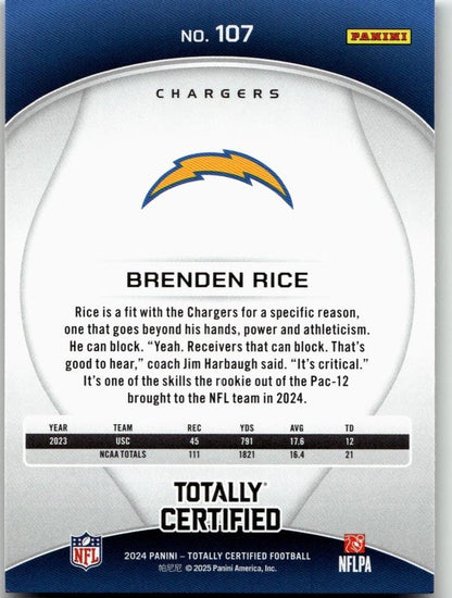 2024 Panini Totally Certified 107 Brenden Rice - ChronicCards