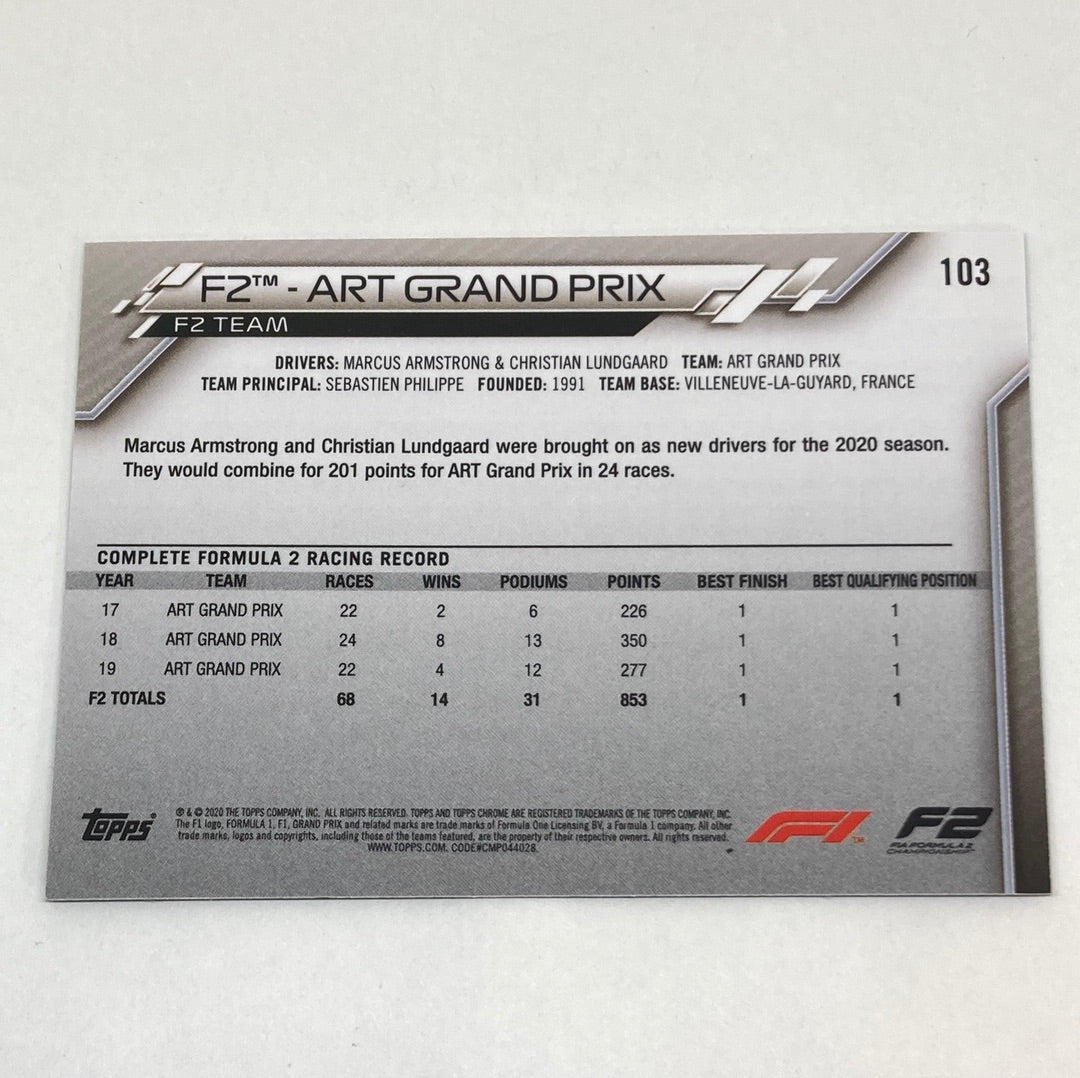2020 Topps Chrome F2 Art Grand Prix #103 Base F1 Card