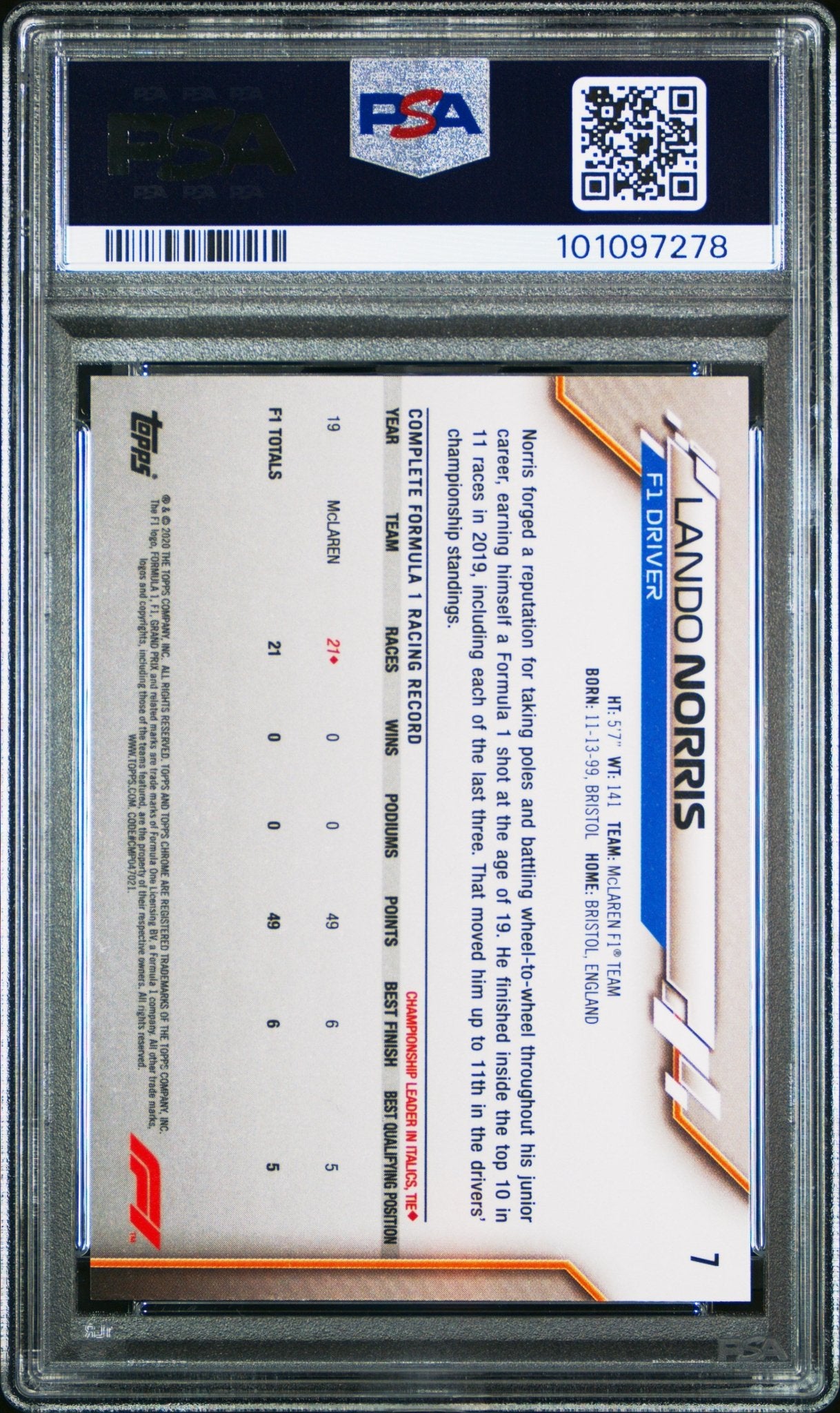 2020 Topps Chrome F1 Sapphire Edition 7 Lando Norris PSA 9 - ChronicCards