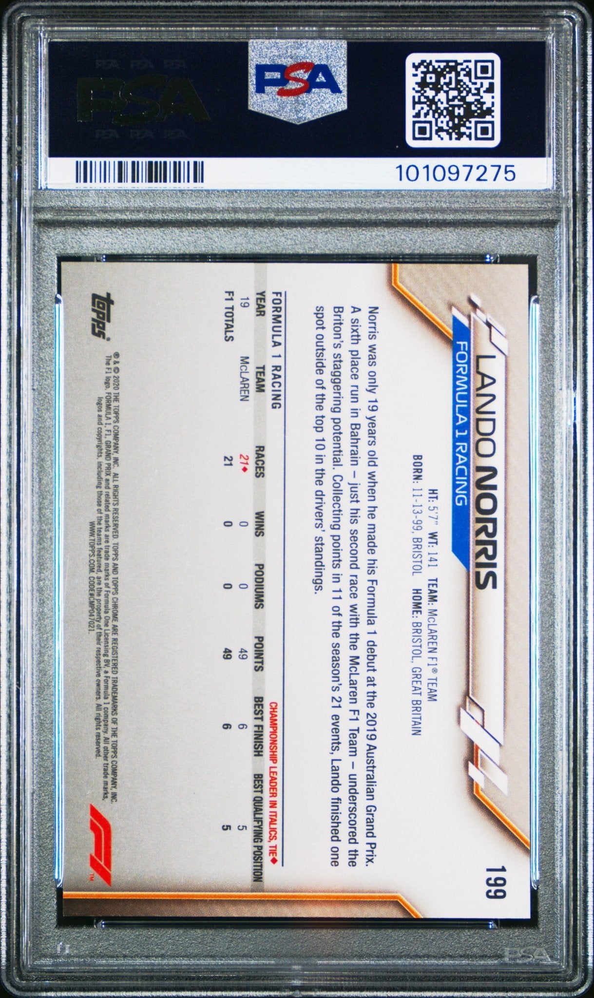 2020 Topps Chrome F1 Sapphire Edition 199 Lando Norris PSA 8 - ChronicCards