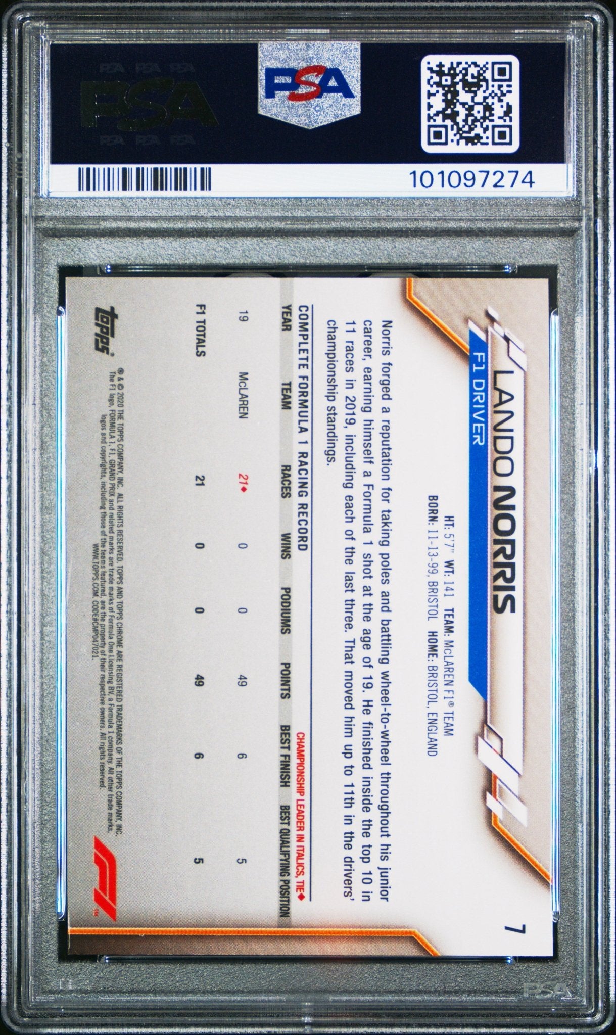 2020 Topps Chrome F1 Sapphire Edition 7 Lando Norris PSA 8 - ChronicCards