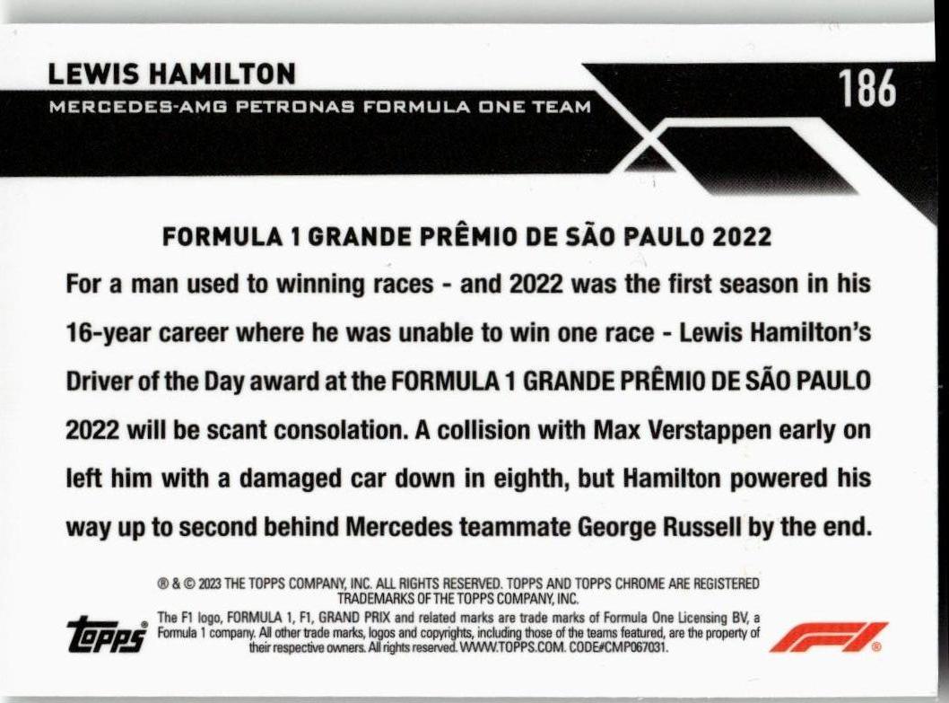 2023 Topps Chrome Formula 1 186 Lewis Hamilton Mini - Diamond Refractor /299 - ChronicCards