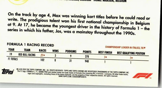 2020 Topps Chrome Formula 1 54W - 5 Max Verstappen 1954 World on Wheels - ChronicCards