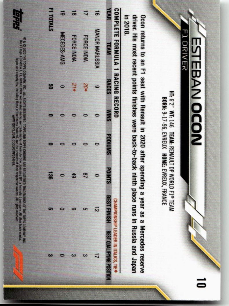 2020 Topps Chrome Formula 1 10a Esteban Ocon - ChronicCards